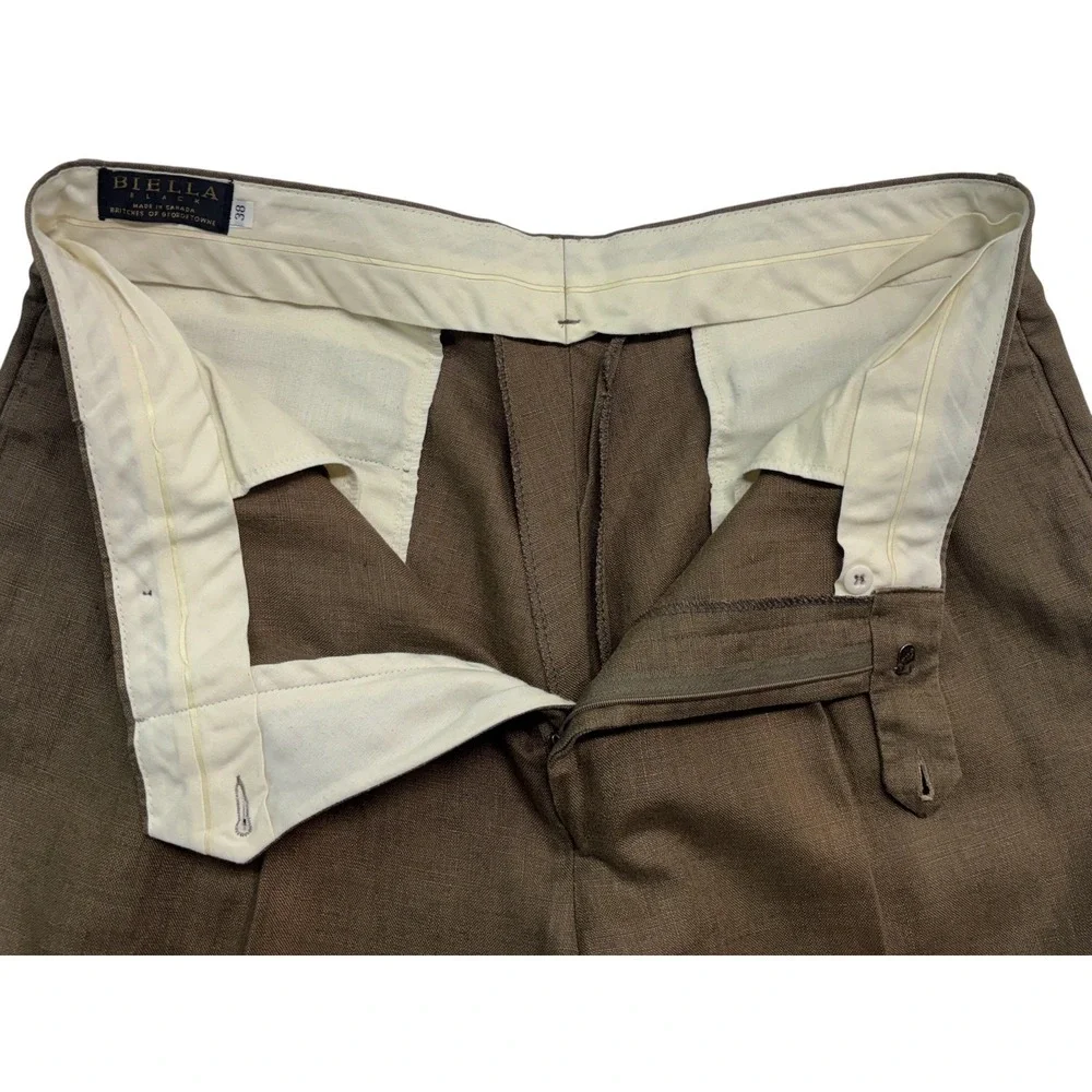 vtg 90s Brown Linen Pants 38x30 High Waisted Pleated Cuffed Relaxed Trousers